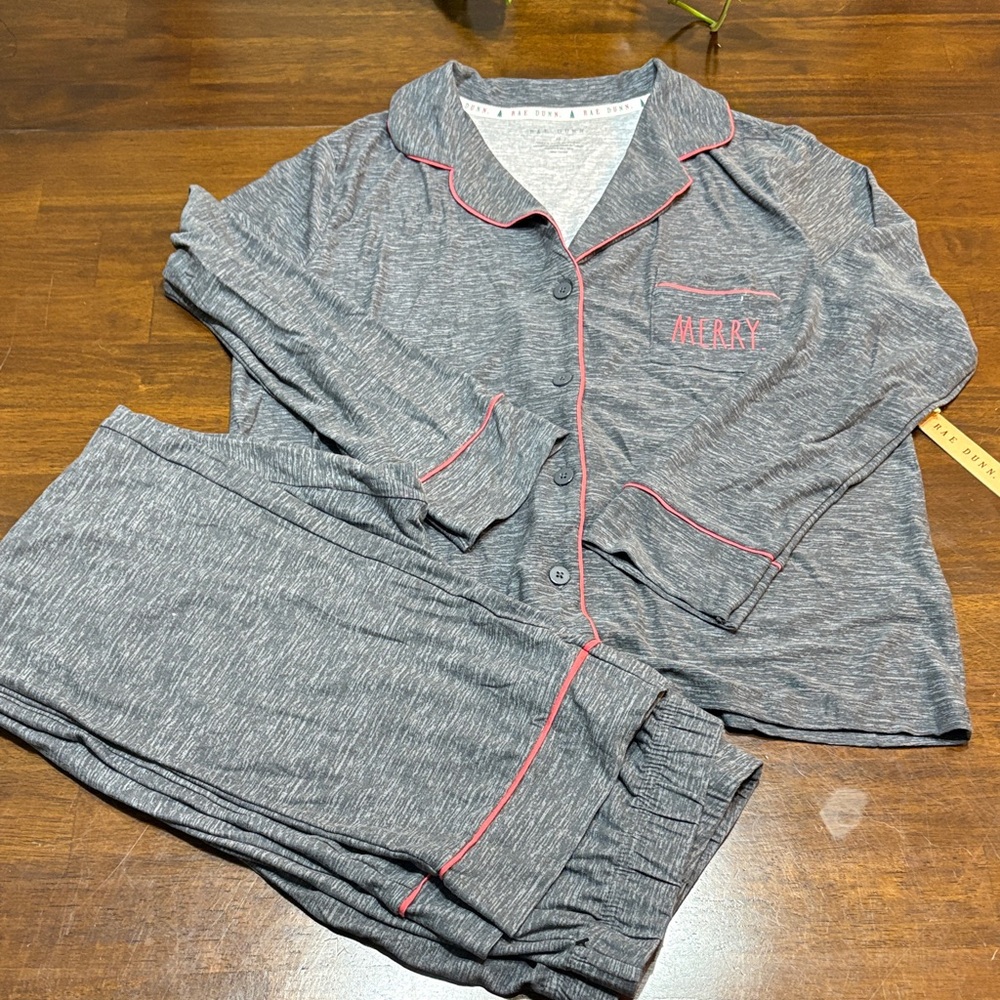 Rae Dunn Gray Pajama Set with Pink Trim